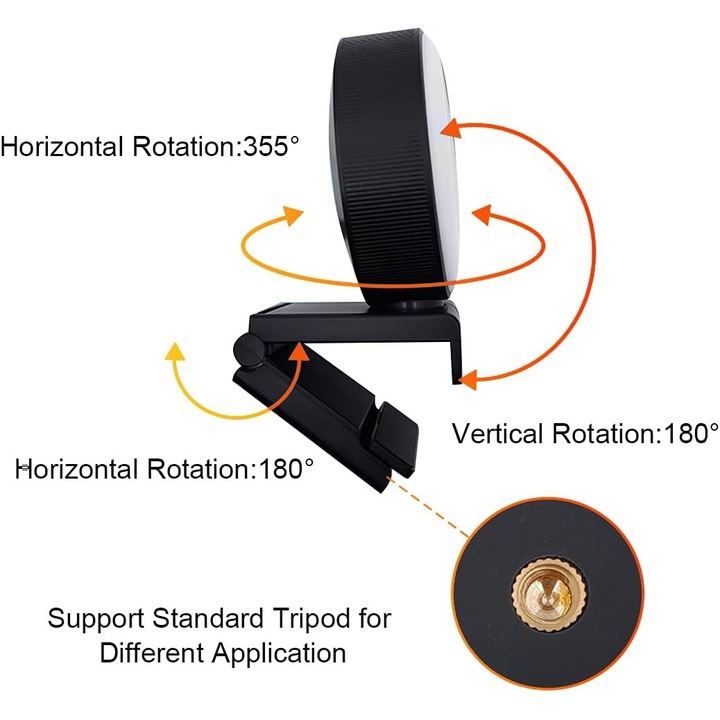 Webcam 1080P cu microfon si iluminare reglabila, rotire 360°, unghi larg, USB2.0