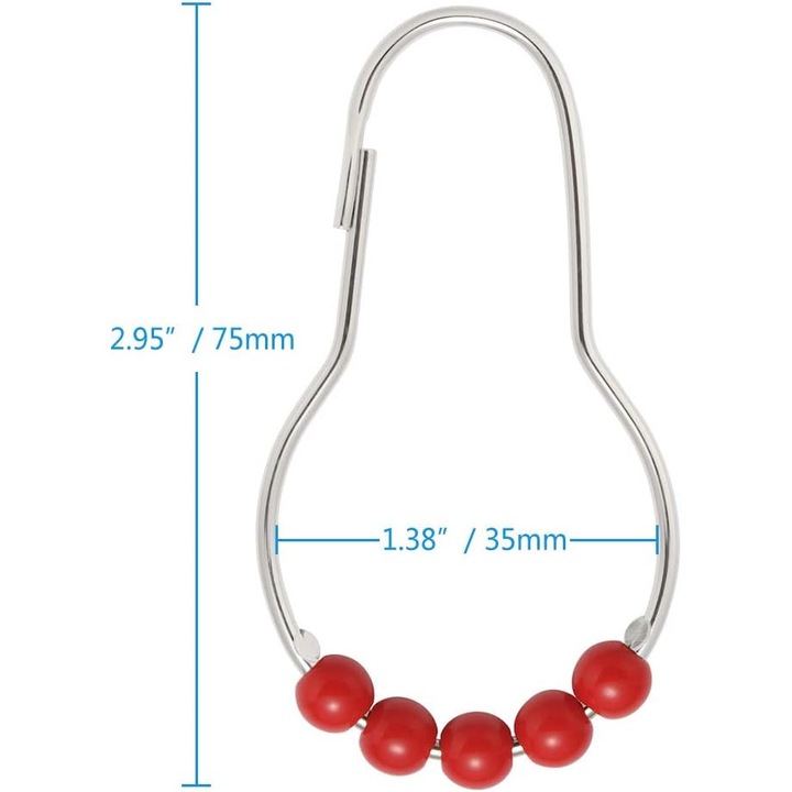 Set 12 carlige inox cu bile acrilice roz pentru perdea dus 60x72cm
