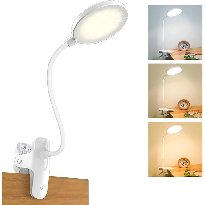 Lampa de citit cu clema, LED, reglabila, alb, 12.5x7x21.2cm