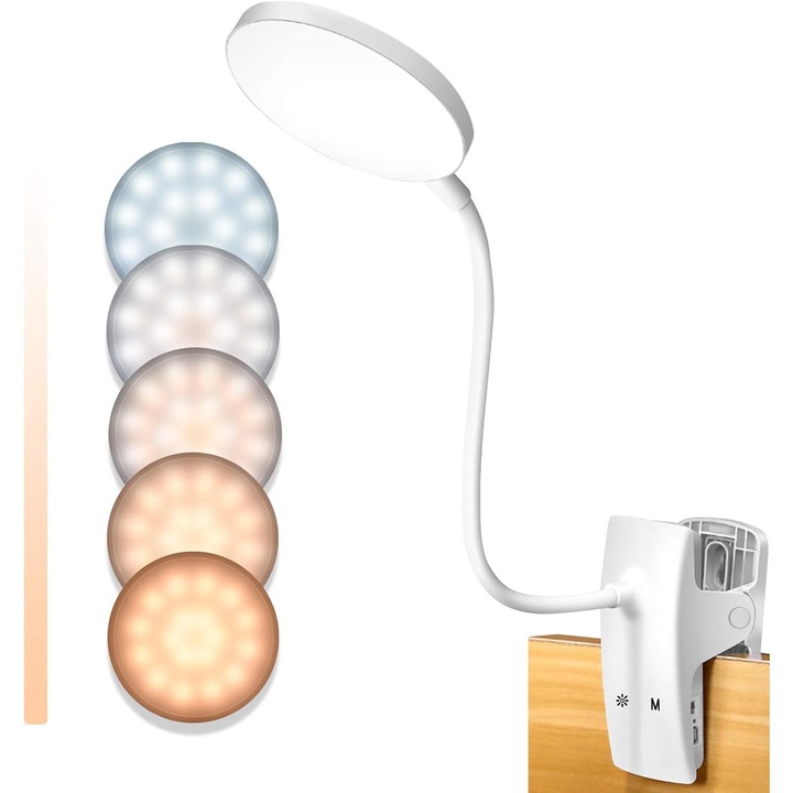 Lampa de birou cu clema, reglabila 360°, 3 moduri culoare, incarcare USB, alb