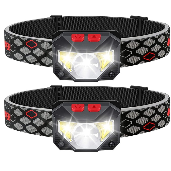 Újratölthető fejlámpa szett 2 darab, mozgásérzékelő, 1000 lumen, vízálló, kompakt, fekete