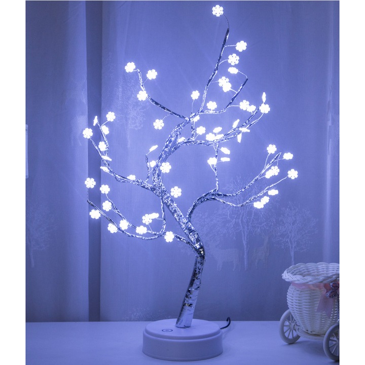 Lumina decorativa bonsai ZYBLSSBB LSM2XH27275-HMHZ1125-2, LED cu globulete, touch, ramuri modelabile, alimentare USB/3xAA, alb rece