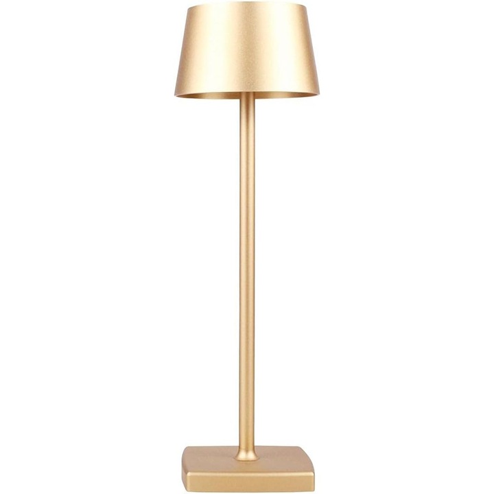 Lampa de masa ZYBLSSBB LSM2XH25311-WLJ-2910, reincarcabila cu baza de incarcare wireless, LED alb cald, dimabila cu touch, IP54, aluminiu, auriu