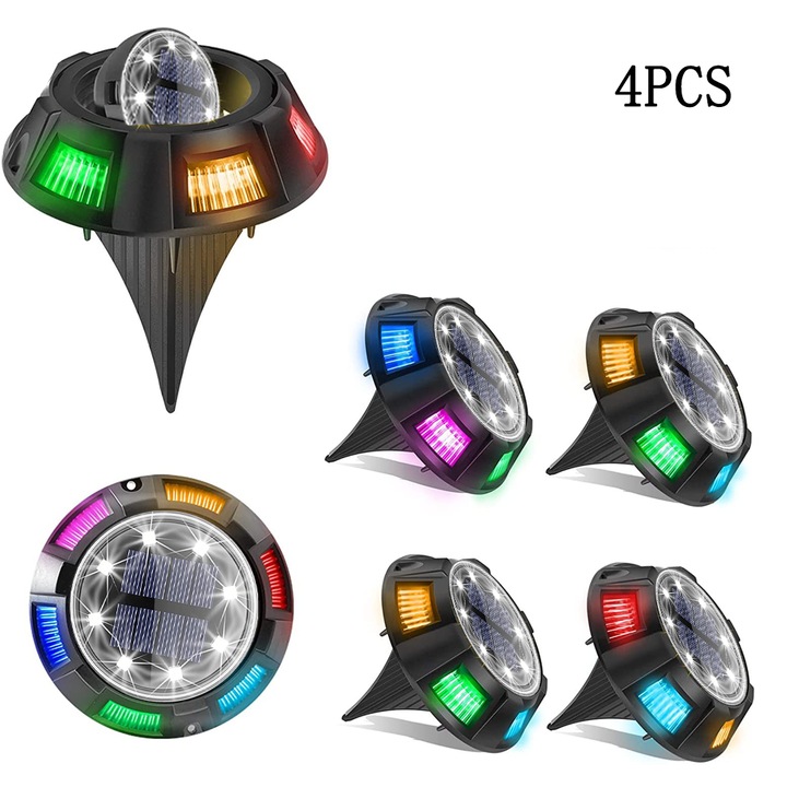 Set 4 lumini solare de gradina, lumini LED cu schimbare de culoare, lumini disc pentru alei, curte, terasa, gazon (alb, 8 lumini)