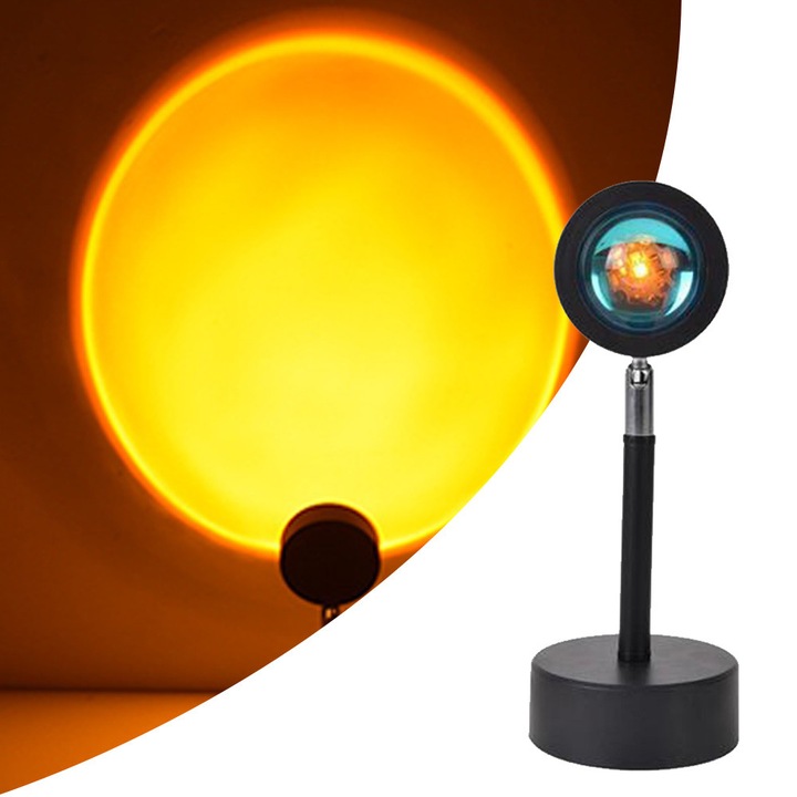 Proiector de lumina sunset ZYBLSSBB LSM2XH24185-220928-1, LED 10W, rotire 180°, alimentare USB cu cablu 1.5 m, proiectie warm/galbena, negru