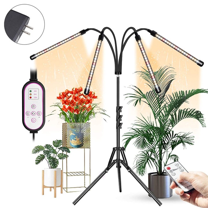 LED növekedési lámpa 4 fejjel, fekete, 39x150cm, 4/8/12h időzítővel, állítható, állványos tartóval