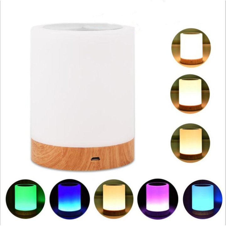 Lampa de noptiera LED ZYBLSSBB LSM2XH21594-MZQ-0407, dimmabila cu schimbare culori, reincarcabila 1200mAh, touch, micro-USB, alb/lemn, 95x122 mm