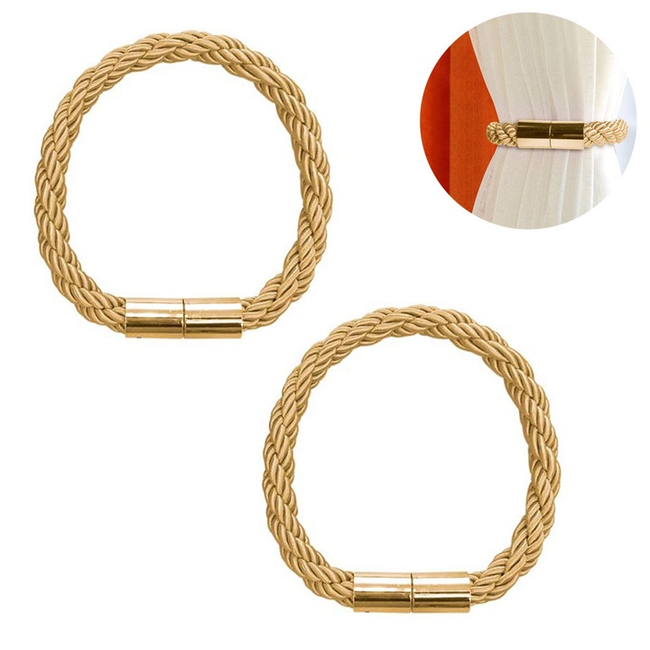 Set 2 bride magnetice pentru perdele, poliester, bej-gri-auriu, 58x3cm
