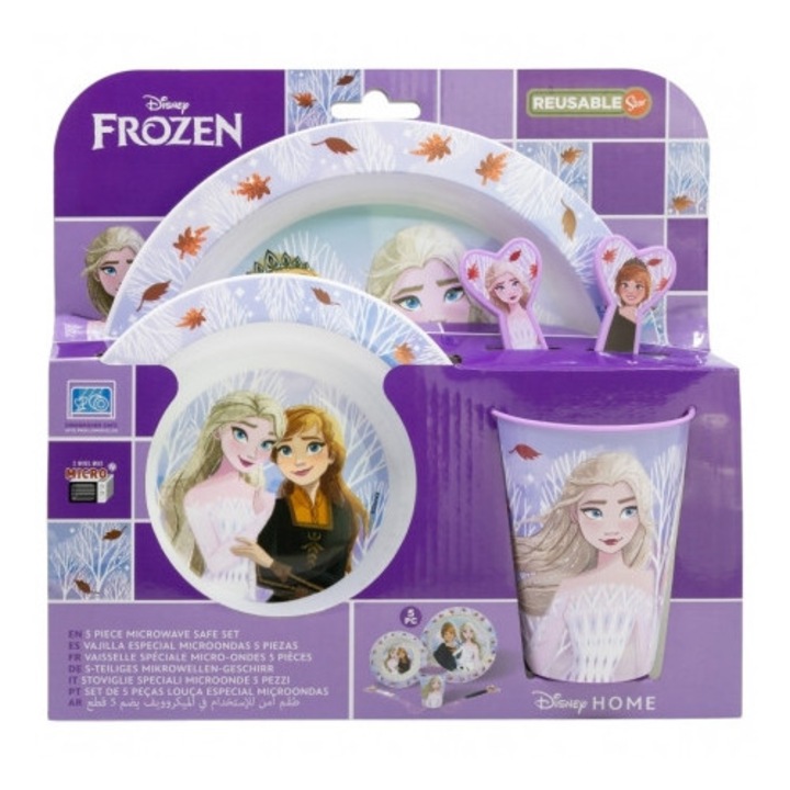 Jégvarázs (Frozen) 5 részes mikrózható étkészlet (lapos tányér, mély tányér, villa, kanál, pohár)