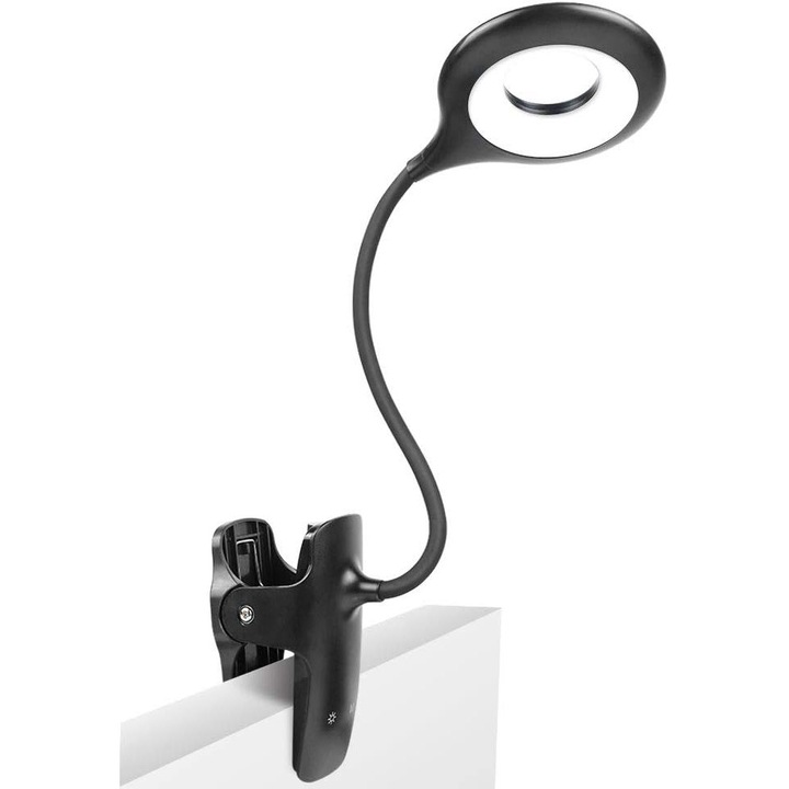 Lampa de citit LED ZYBLSSBB LSM2XH23621-ZYY-0975, clema cu gheruta si gat flexibil 360°, 3 trepte de luminozitate, reincarcabila 1200mAh, protectie pentru ochi, negru