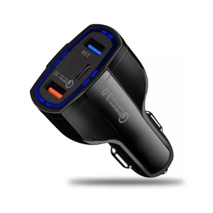 Autós töltő 12-24V gyorstöltés USB porttal, PD(Type-C) és QC3.0 - BK350