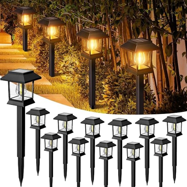 Lampa solara de gradina pentru exterior cu 12 piese, lampa solara cu spot solar exterior alb cald, iluminat decorativ pentru exterior, alei, terasa, gazon, patio, alei