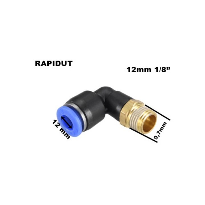 Cuplaj/conector rapid pneumatic, RAPIDUT, Mufa rapida L 12 mm, filet exterior 1/8”, Plastic-Alama, Negru/Albastru