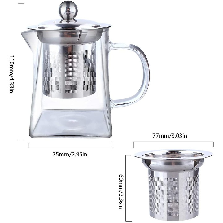 Boroszilikát üveg teáskanna, 304 rozsdamentes acél infúzor, 500ml, átlátszó