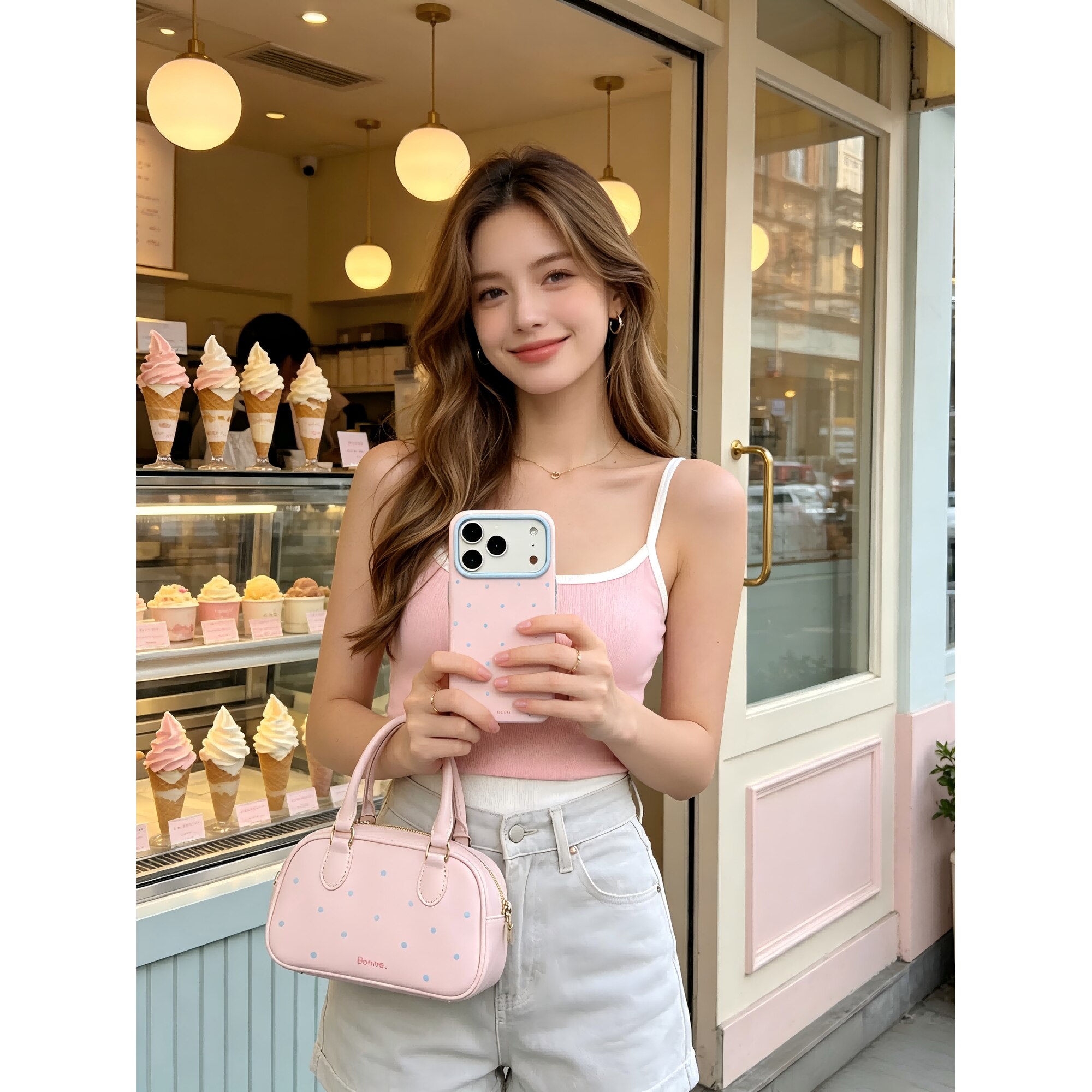Husa telefon TPU, model buline retro si color-block, protectie soc, pentru iPhone 17 Pro Max, roz/albastru