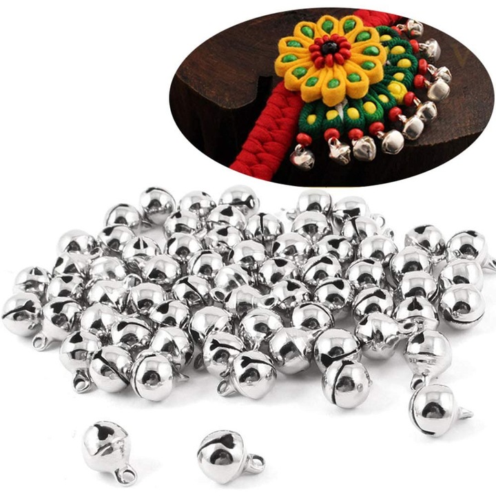 Set 100 clopotei, metal, argintiu, 10mm