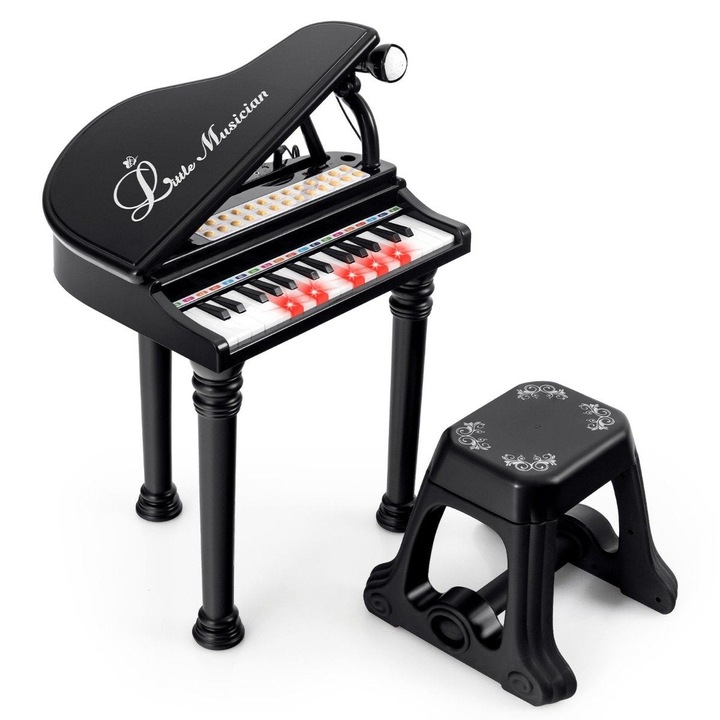 Pian jucarie copii 31 clape cu scaun instrument muzical educativ LED pentru copii