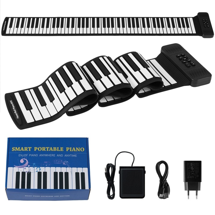Pian portabil roll-up 88 clape MIDI 128 ritmuri instrument muzical flexibil
