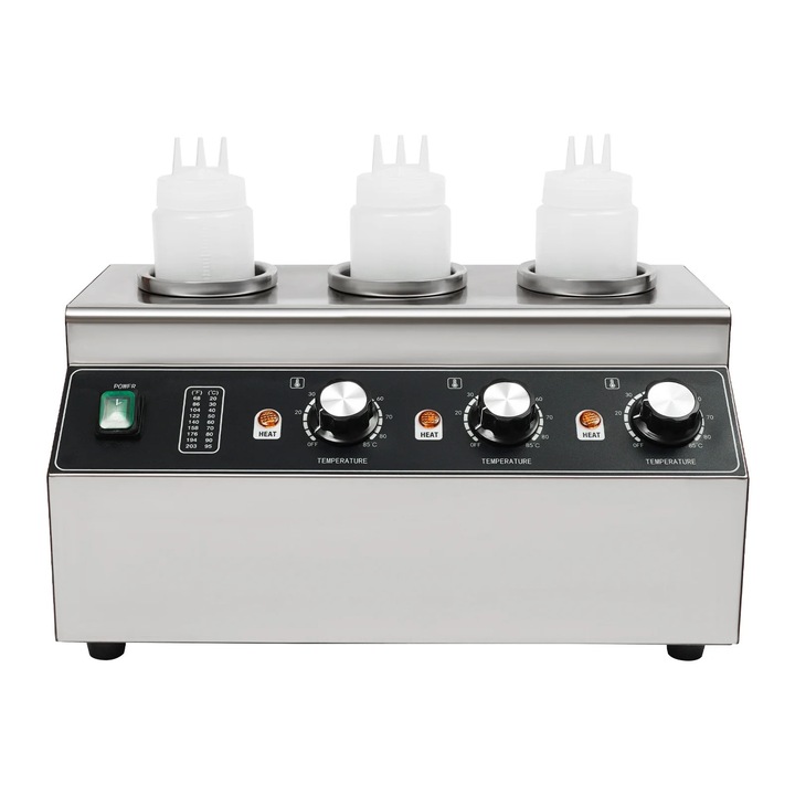 Elektromos szószmelegítő, pultos adagoló 3 palackkal, 680 ml palackonként, állítható hőmérséklet 30–85 °C, ketchup, tejszín szószhoz, 3 palack
