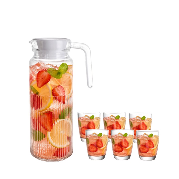 6 db-os üveg pohárkészlet 250 ml és kancsó 1000 ml, ramiz, átlátszó, praktikus