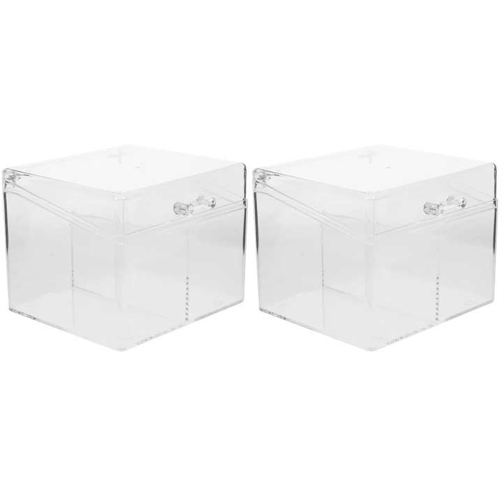 Cutie organizator carti de vizita, acrilic transparent, 12x10x9.5cm, 2 compartimente, set 2 bucati