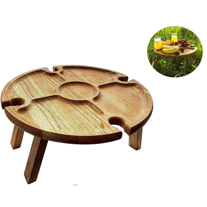 Masa pliabila picnic lemn, suport pahare vin, compartiment branza fructe, 30x16cm, portabil
