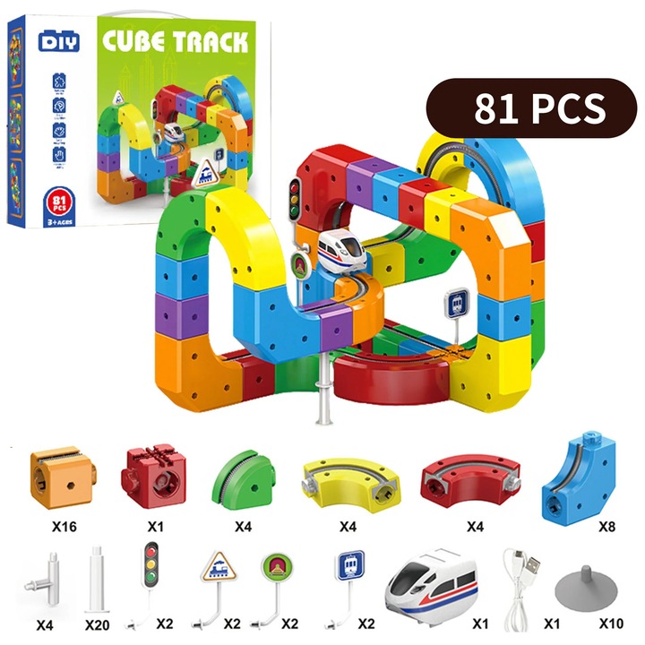 Jucarie educativa STEM, Set pista auto cub 3D, Sine de constructie asamblare DIY, Masina USB reincarcabila, 81 piese, Pentru copii 3+