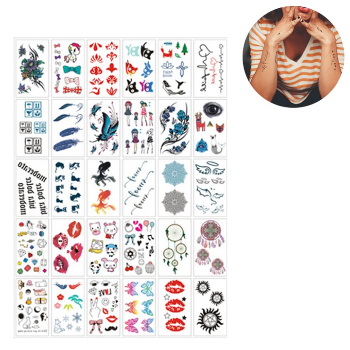 Set 30 tatuaje temporare, multicolor, 10.5x6cm, impermeabile