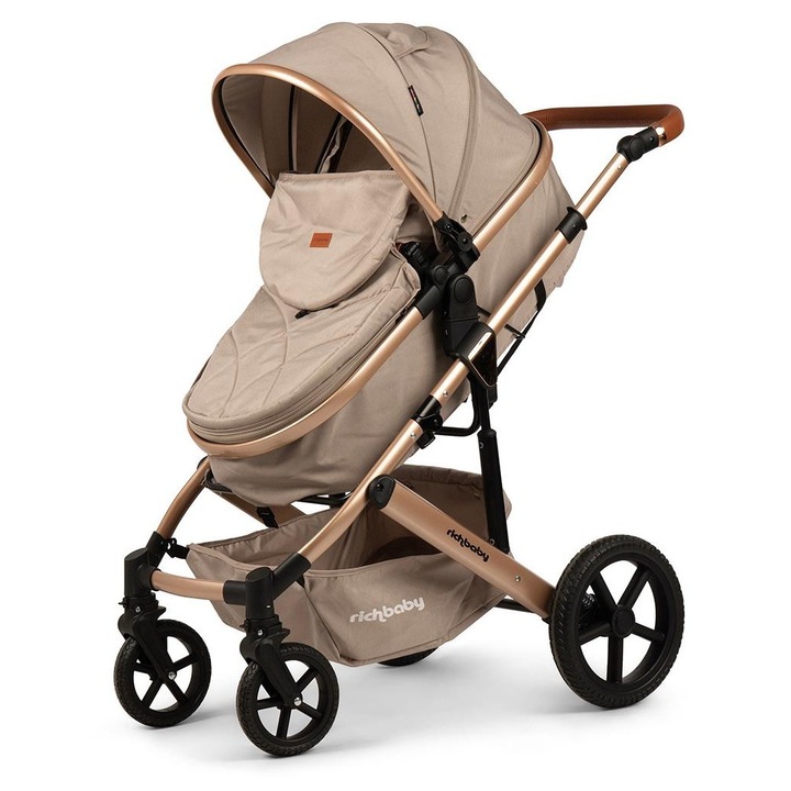 Carucior bebe, Rich Baby ERBV6S, Pliabil, Cadru Aluminiu Usor, Landou Transformabil Sport, Sezut Reversibil, Roti Cauciuc cu Suspensii, Spatar Reglabil, 0-36 luni, Cos Accesorii, Gold/Beige