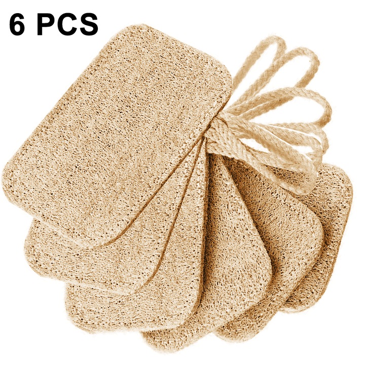 Set 6 bureti exfolianti din lufa, bej, forme diverse, 7x11cm-8x12cm-7x13cm