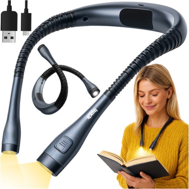 LED Nyaklámpa Olvasáshoz, Izoxis, USB-C tölthető, állítható fénnyel, szürke, 59x2, 3cm