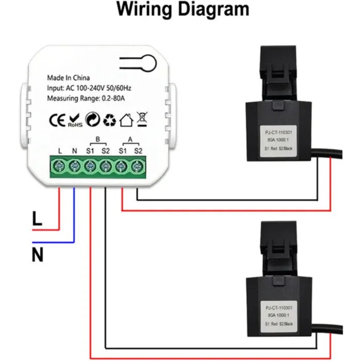 Contor energie inteligent WiFi, bidirectional, 0,2-80A, 100-240V, 47x47x18mm
