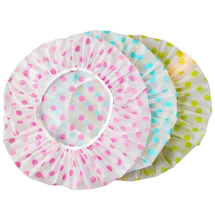 Set 3 caciuli de dus, plastic EVA impermeabil, elastic, reutilizabile, multicolor, 27cm