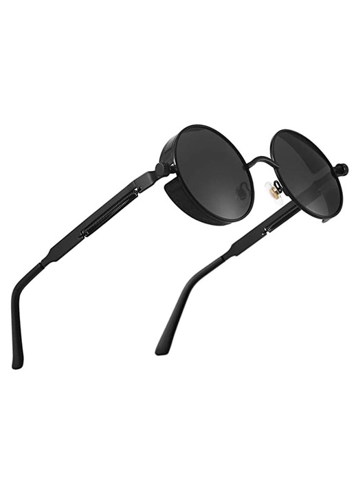 Ochelari de soare unisex metalici polarizati rotunzi, negru-gri, 49x49mm