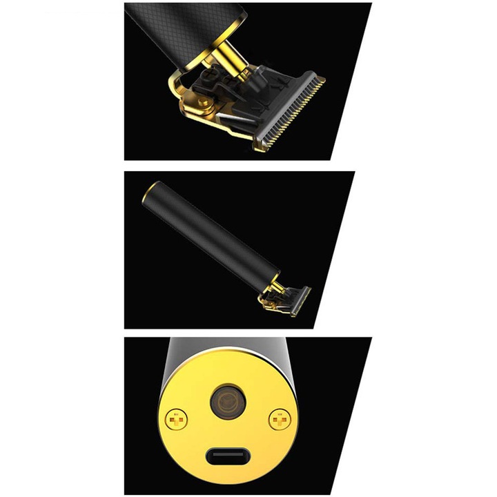 Hajvágó, fekete, 15cm, vezeték nélküli, USB, acél penge, szett 4 fésűvel