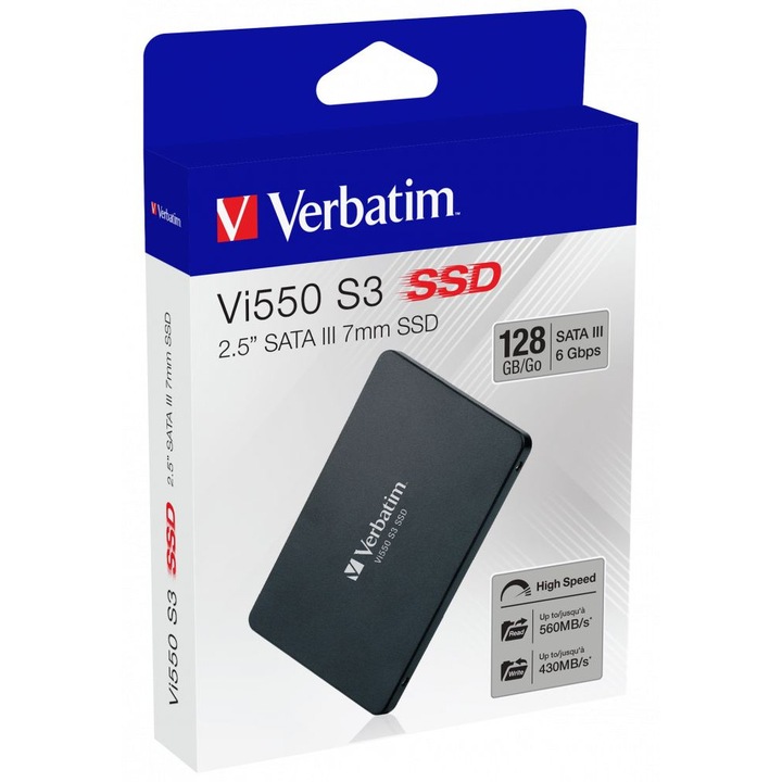 SSD 2,5" Verbatim Vi550 S3 49350, SATA III 6 Gbps, 128 GB, 7 mm, citire 560 MB/s, scriere 430 MB/s, negru