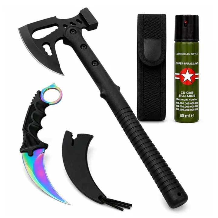Set topor multifunctional, cutit Karambit si spray autoaparare DEPOX®, 42 cm/110 ml/19 cm, husa inclusa