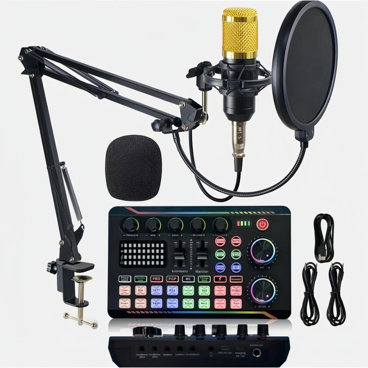 Set microfon cu placa de sunet, mixer Bluetooth, wireless, pentru PC si telefon, inregistrare si livestream, Auriu