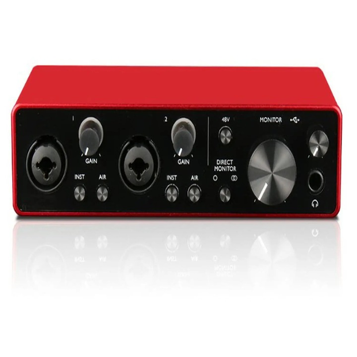 Interfata Audio USB & Placa de Sunet Externa, 2 canale, Plug & Play, Sensibilitate ridicata, Alimentare AC/DC, Adaptor inclus, Fara baterie integrata, Pentru studio si live