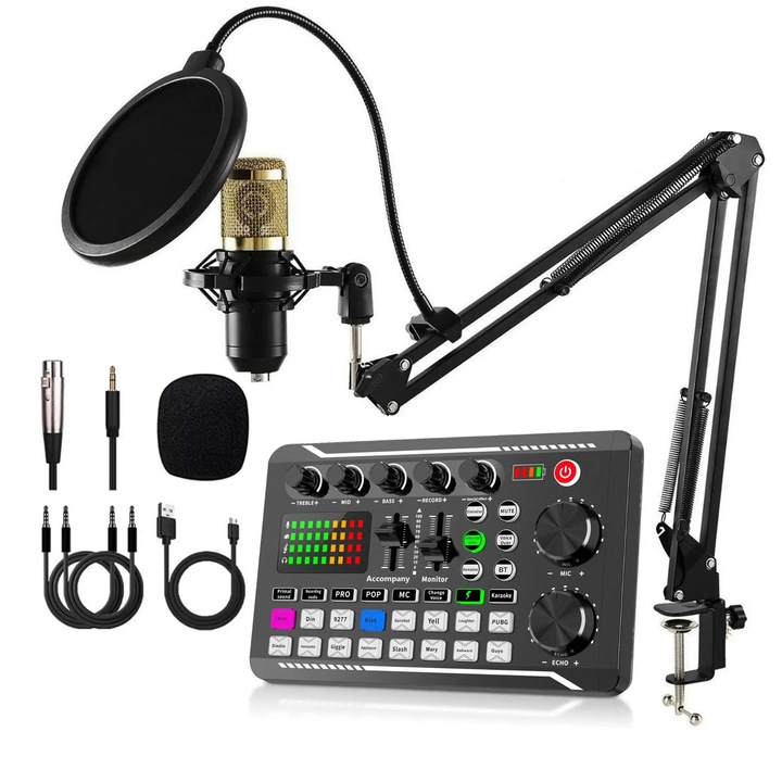 Set Podcast, Interfata Audio All-in-One, Microfon Condensator de Studio, Pentru Inregistrare, Streaming, Cantat, Set Complet, Galben Deschis