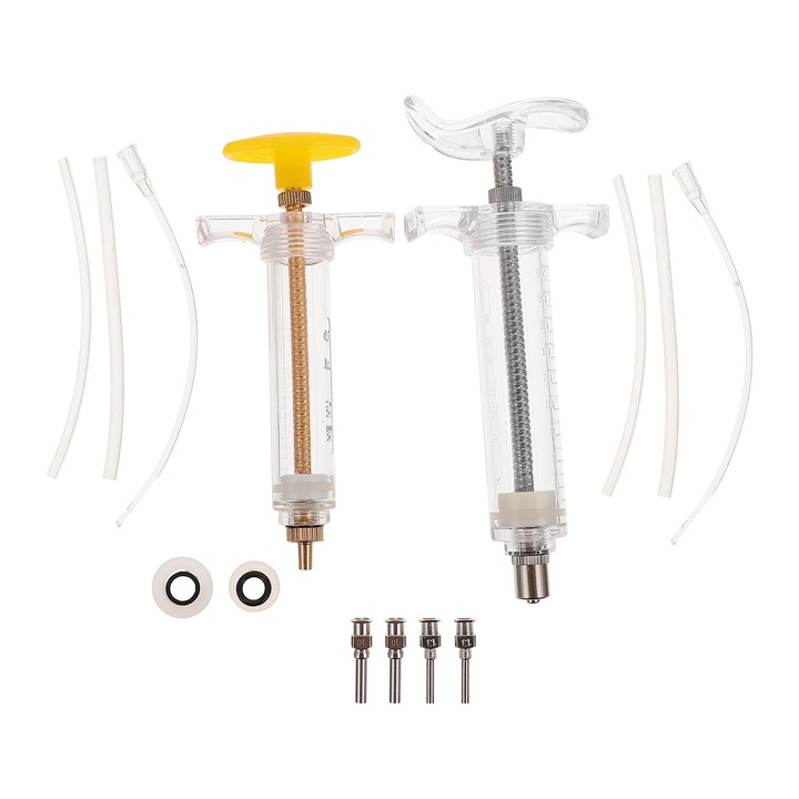 Set seringa pentru hranirea puilor de pasare ZYBLSSBB, inox si plastic, 10ml si 20ml cu 3 diametre de tuburi de hranire, transparent/galben