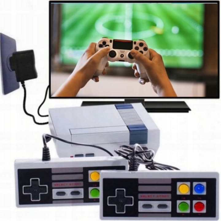 Consola de jocuri retro, Pegasus, 620 jocuri, 2 pad-uri, AV, 8 biti, gri, set de 2 pad-uri, cabluri pentru TV, consola retro Pegasus, sursa de alimentare, plastic, pentru 2