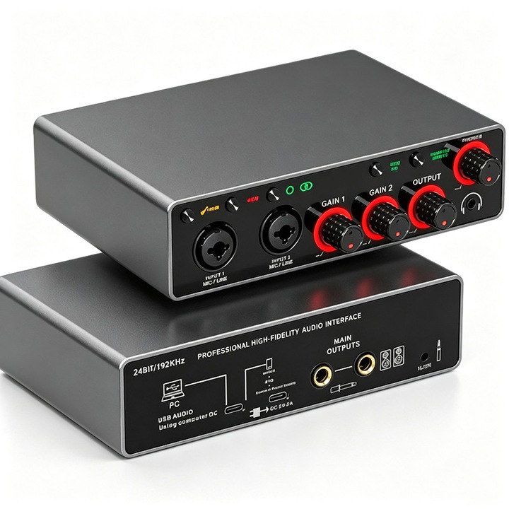 Аудио интерфейс, професионален, USB, 2X2 24-bit/192kHz Интерфейс за възпроизвеждане с висока прецизност, Звукова карта, комбиниран вход XLR/TRS
