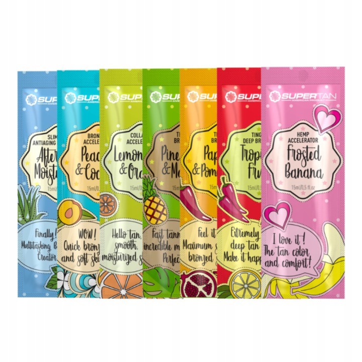 SuperTan Sensation MIX barnulásgyorsító szett, 7 x 15 ml, változatos illatok, szoláriumhoz és strandhoz