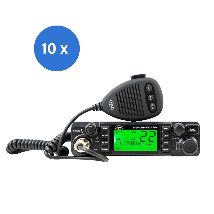 Doboz 10 darab PNI Escort HP 9001 PRO CB rádióállomással, állítható ASQ, AM-FM, 12V/24V, 4W, Scan, Dual Watch, ANL, többszínű kijelző