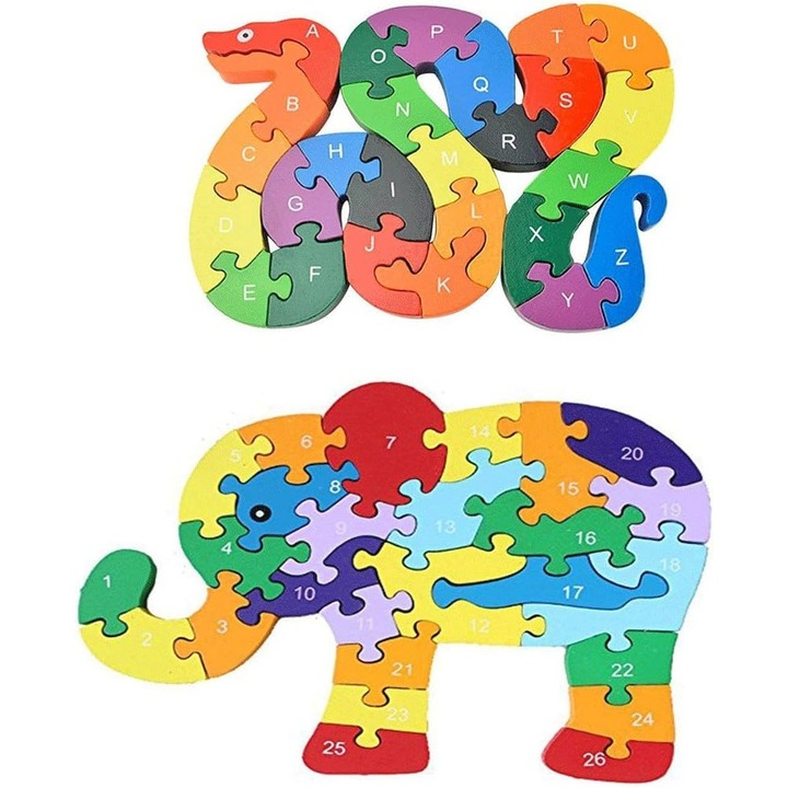 Fából készült puzzle készlet kígyó és elefánt, többszínű, 19x14x1.5cm és 19x25x1.5cm