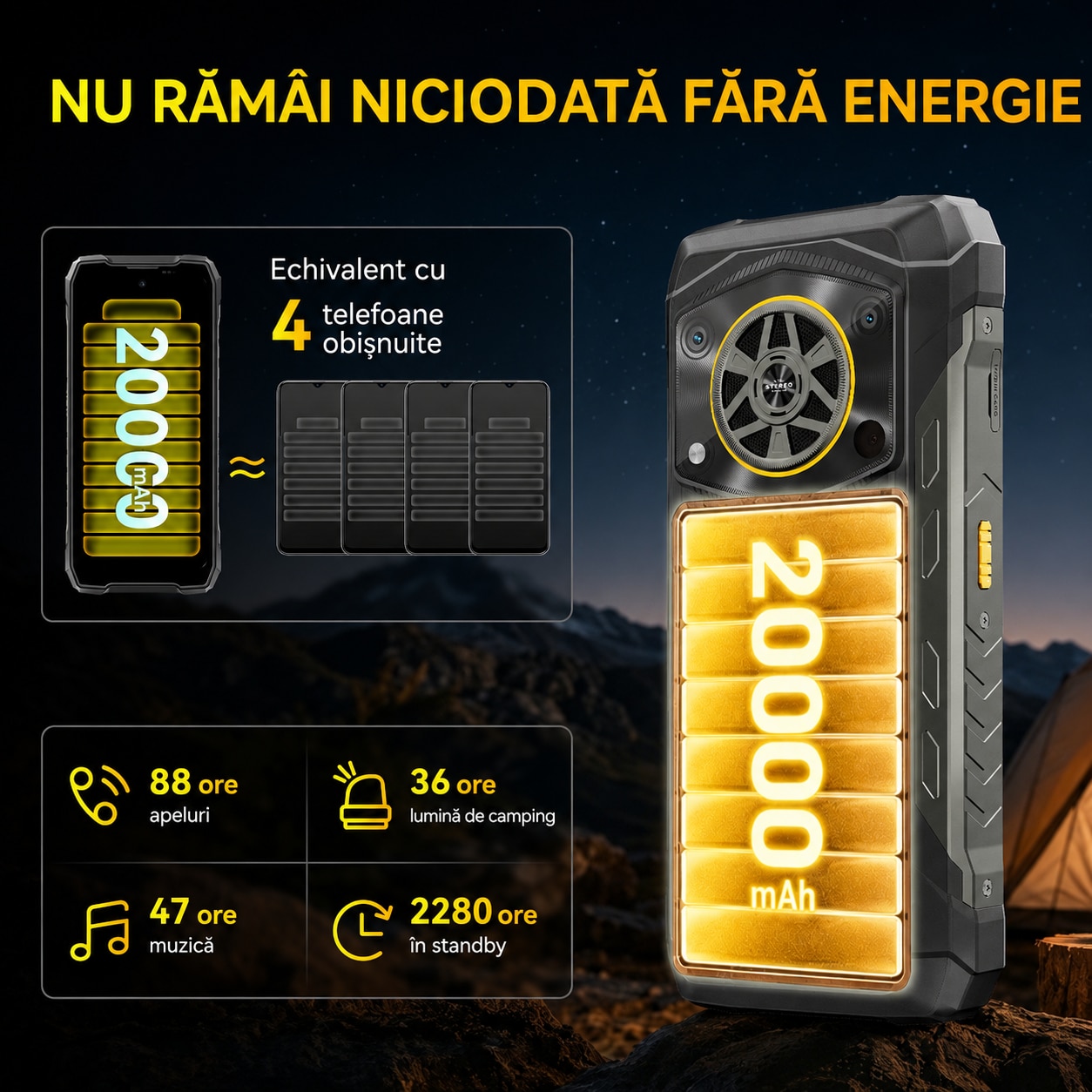 Telefon mobil Blackview Rock, 6.78", 48GB RAM, 256GB, 20000mAh, Dual SIM, Negru