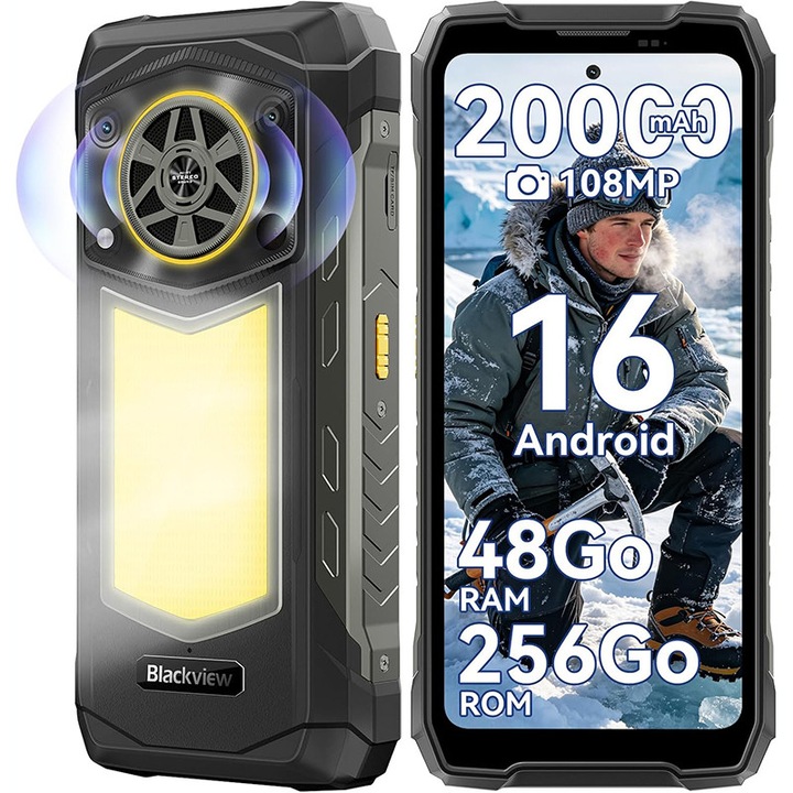 Blackview Rock mobiltelefon, 6.78", 48GB RAM, 256GB, 20000mAh, Dual SIM, Fekete