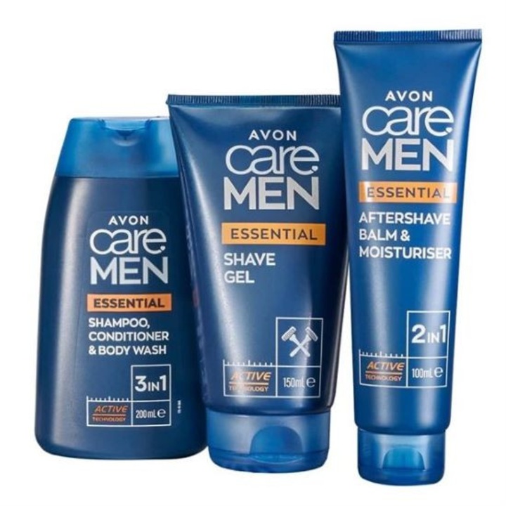 Set Avon Care Men Essential, 3-in-1 sampon, balsam si gel de dus – 200 ml 2-in-1 Balsam dupa ras si crema hidratanta – 100 ml Gel de ras – 150 ml