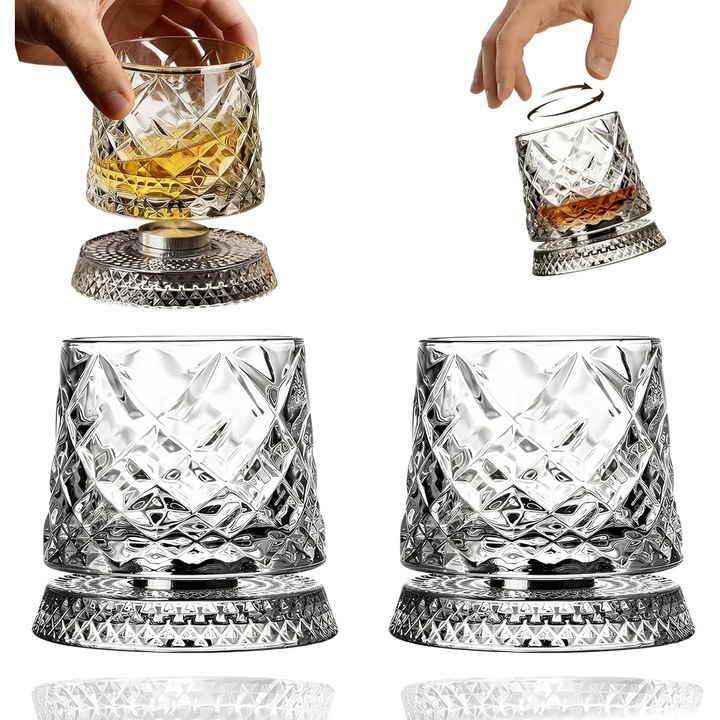2 db 360 fokban forgatható kristály whisky pohár készlet, 280ml, átlátszó